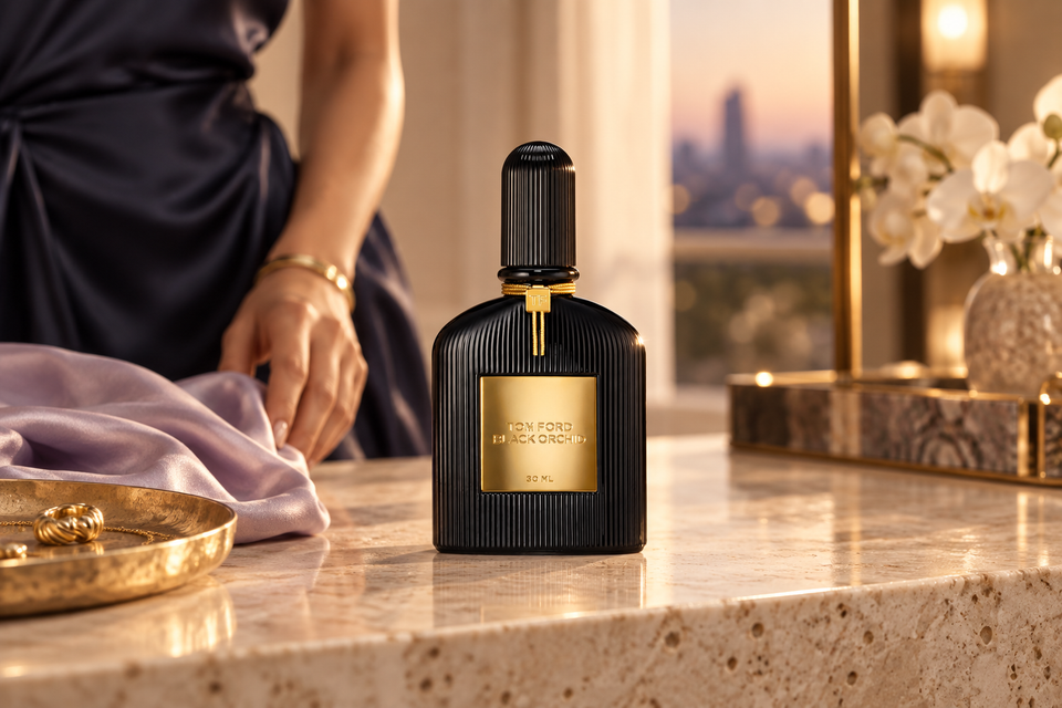 TOM FORD Black Orchid op travertijn met lichte lavendelkleurige zijde
