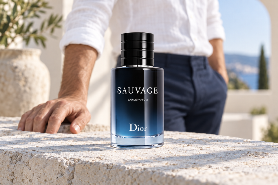 DIOR Sauvage op een lichte stenen richel in een zonnige binnenplaats
